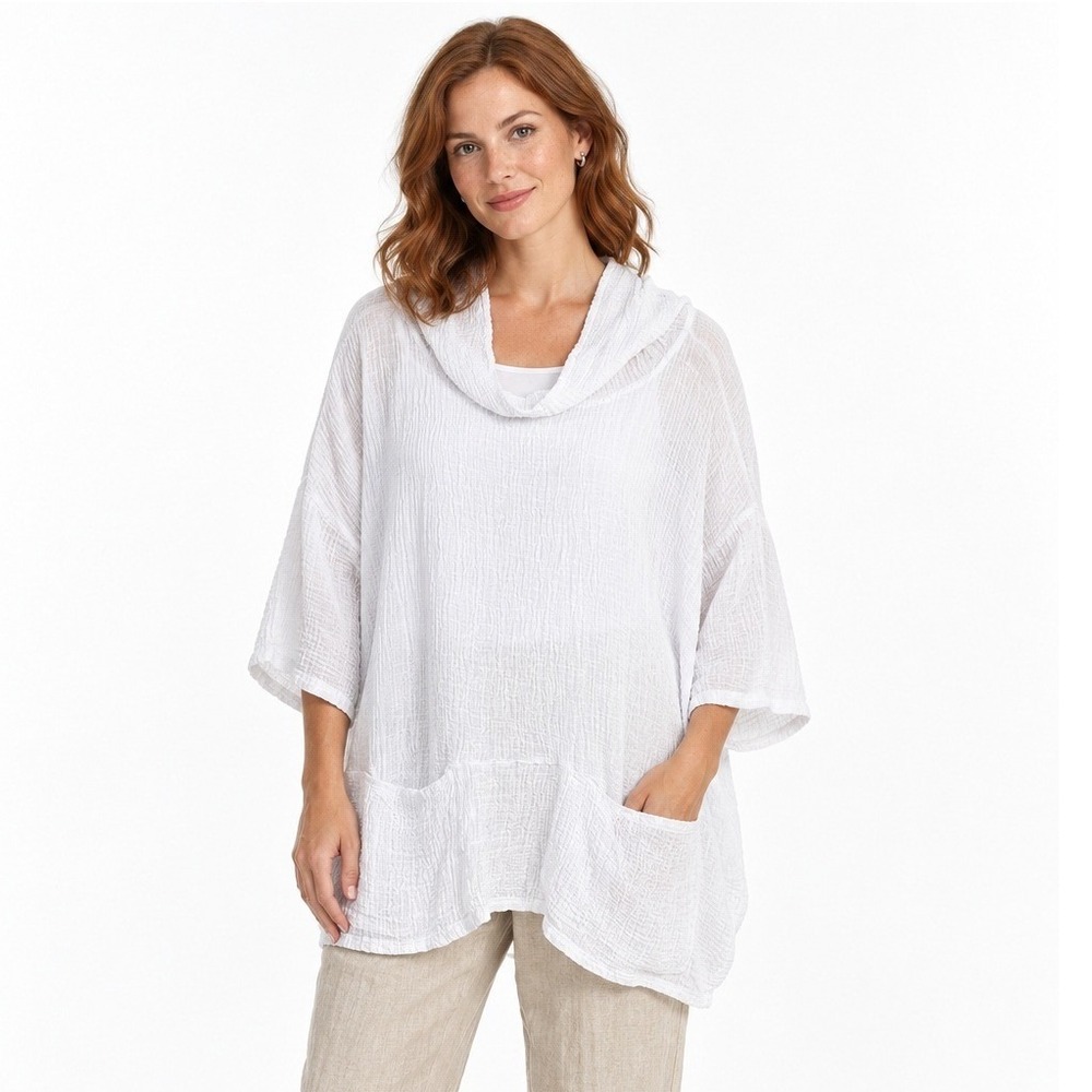 Chalet et Ceci Linen Cotton Gauze Tunic L White Hooded Lagenlook Artsy Coastal